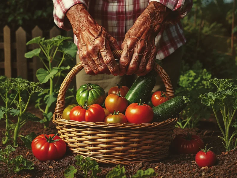 Mani segnate dal tempo reggono pomodori e zucchine appena raccolti sopra un cesto di vimini